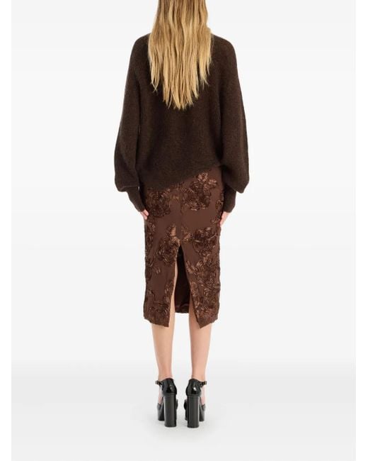 ROTATE BIRGER CHRISTENSEN Brown Rose-Embellished Pencil Midi Skirt