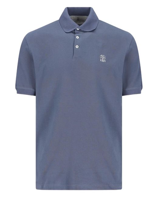 Brunello Cucinelli Blue Embroidered-Logo Polo Shirt for men