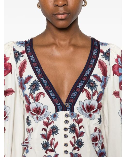 Farm Rio White Floral-print V-neck Blouse