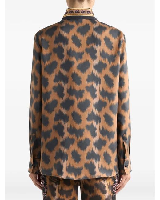 Etro Brown Silk Twill Shirt With Animal Motif