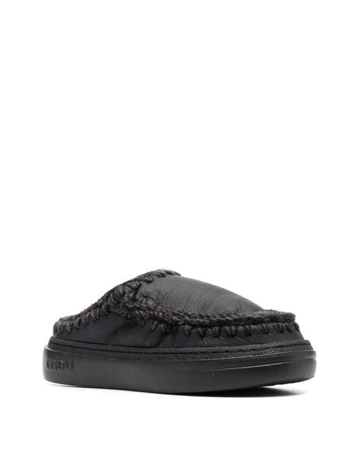 Mou Black Leather Slippers