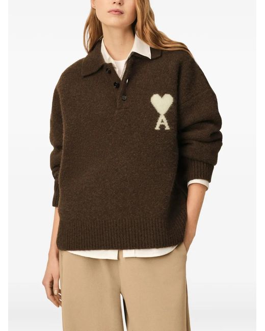 AMI Brown Alpaca Polo With Ami De Coeur