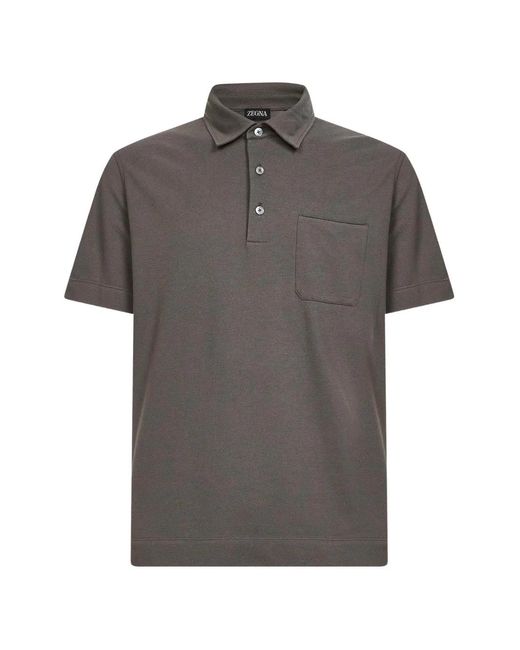 Zegna Gray Dark Cotton Pique Polo Shirt With Chest Pocket for men