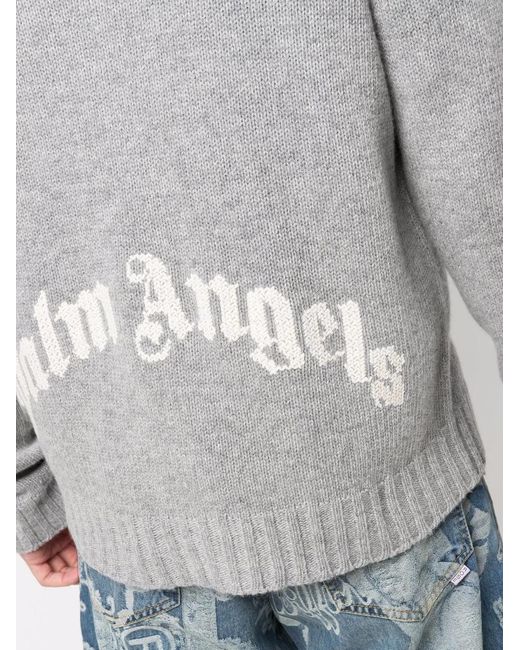 Palm Angels Gray Intarsia-logo Zip-up Hoodie for men