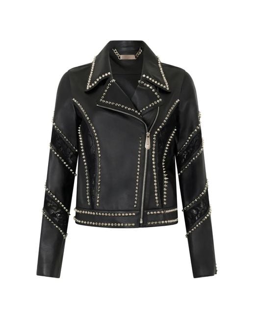 Philipp Plein Black Biker Jacket With Lace Inserts