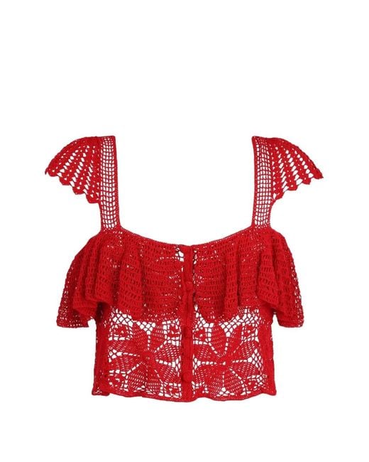 Carolina K Red Lela Ruffled Crochet-Knit Top
