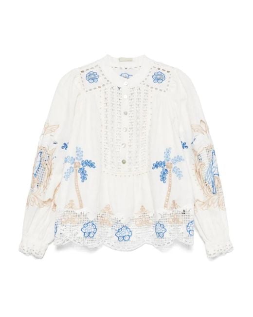 Farm Rio White Floral-Embroidered Blouse