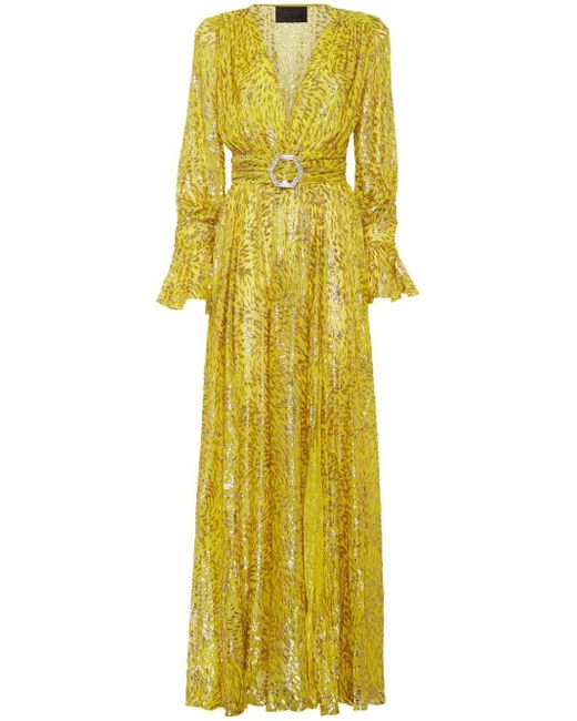 Philipp Plein Yellow Metallic-threading Front-slit Maxi Dress