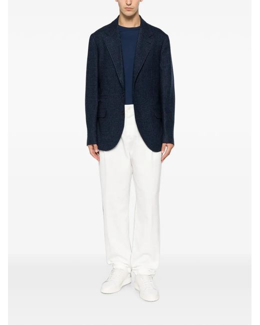 Brunello Cucinelli Blue Check-Pattern Single-Breasted Blazer for men