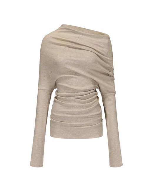 Elwood Natural Asymmetric Draped Off-Shoulder Long-Sleeved T-Shirt