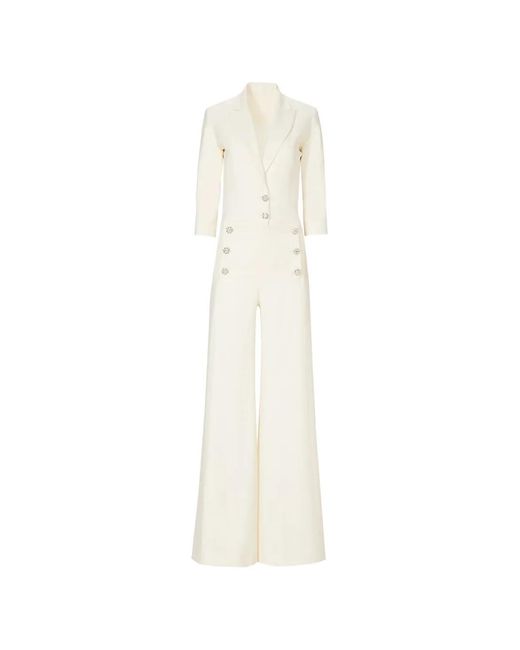 Costarellos White Velara Crystal-Buttons V-Neck Jumpsuit