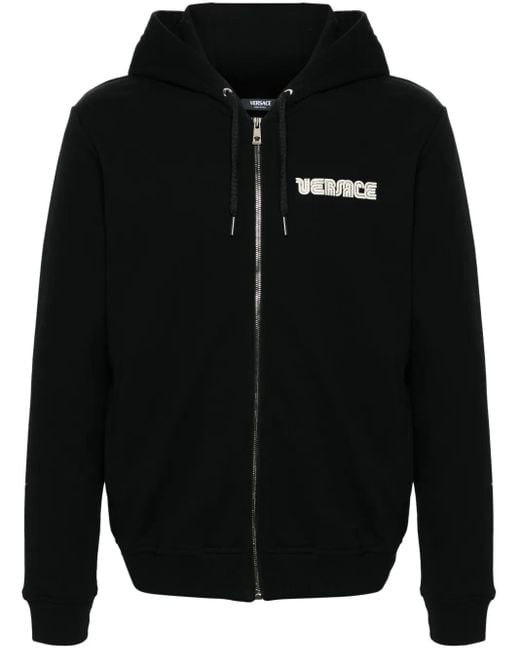 Versace Black Crystal-Embellished Logo Zip-Up Hoodie for men