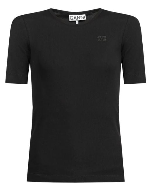 Ganni Black Soft Cotton Rib T-Shirt