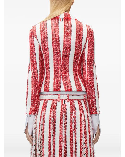 Thom Browne Red Ribbon Tweed Cropped Jacket With Fray Edge