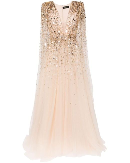 Jenny Packham Natural Alondra Sequin-Embellished Cape Gown