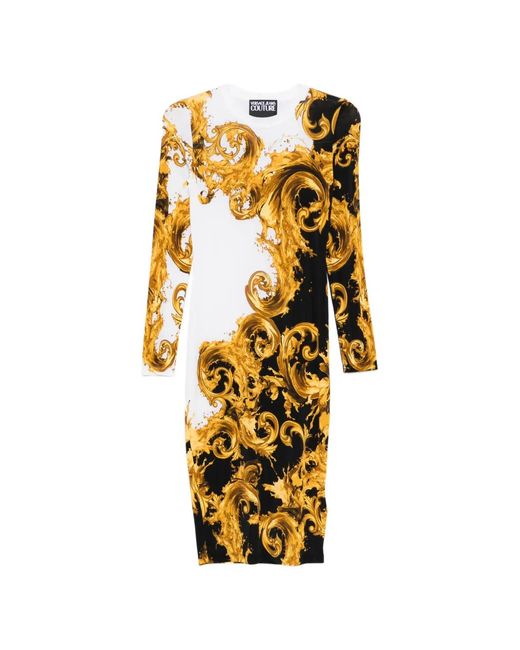 Versace Jeans Couture Metallic Barocco-Print Long-Sleeve Midi Dress