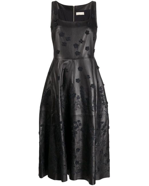 Elie Saab Black Floral-appliqué Leather Midi Dress