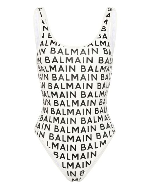 Balmain White Badeanzug mit Logo-Print