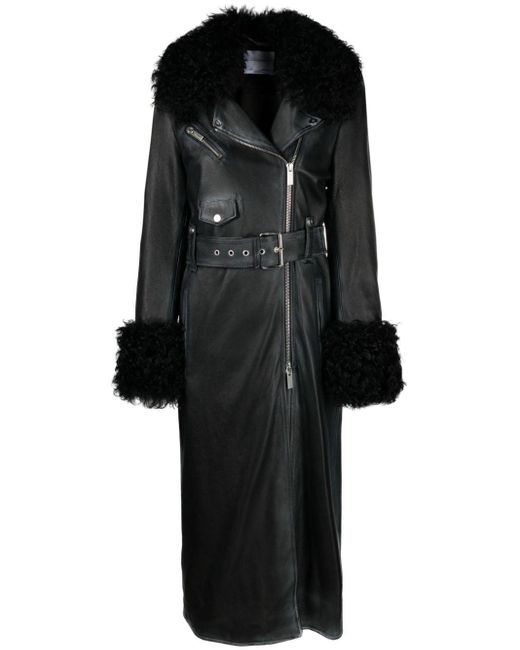 Blumarine Faux Fur-trim Leather Coat in Black | Lyst