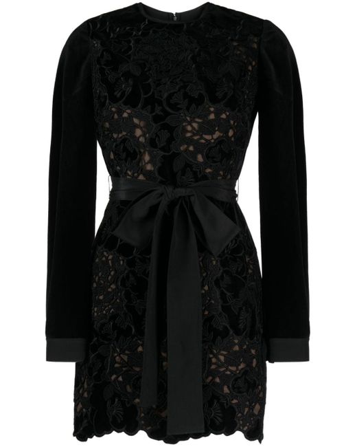 Elie Saab Black Floral-lace Detailing Velvet-finish Dress