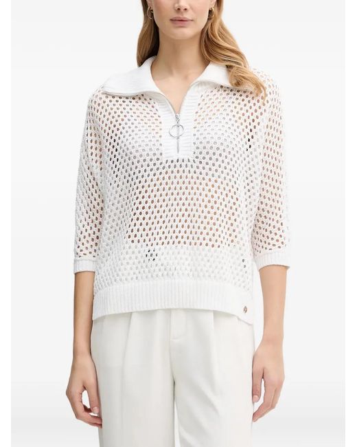 Joseph Ribkoff White Zip Mesh Polo Top