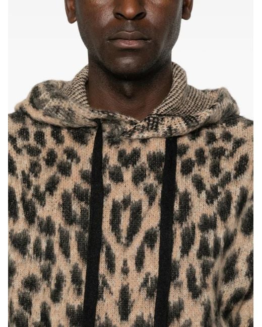 Laneus White Leopard-Print Drawstring Hoodie for men