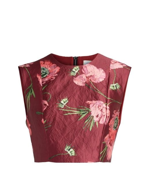 Erdem Red Floral-Print Satin Crop Top