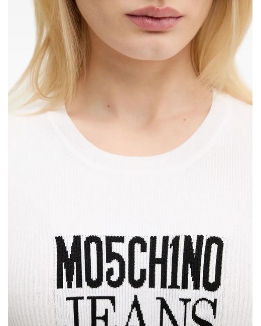 Moschino White Logo-Embroidered Ribbed Knit Top