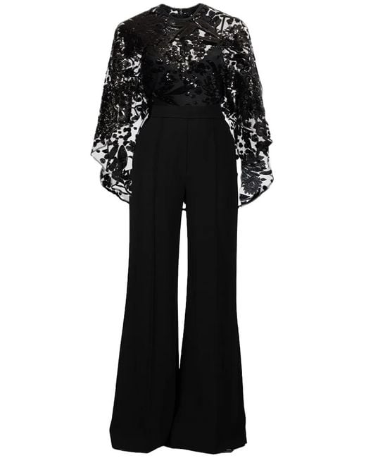 Elie Saab Black Cape-Detail Embroidered Jumpsuit