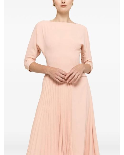 Nissa Pink Pleated-Panel Buckled-Waist Midi Dress