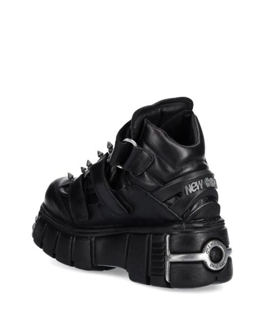 New Rock Black Studded-Strap Sneakers