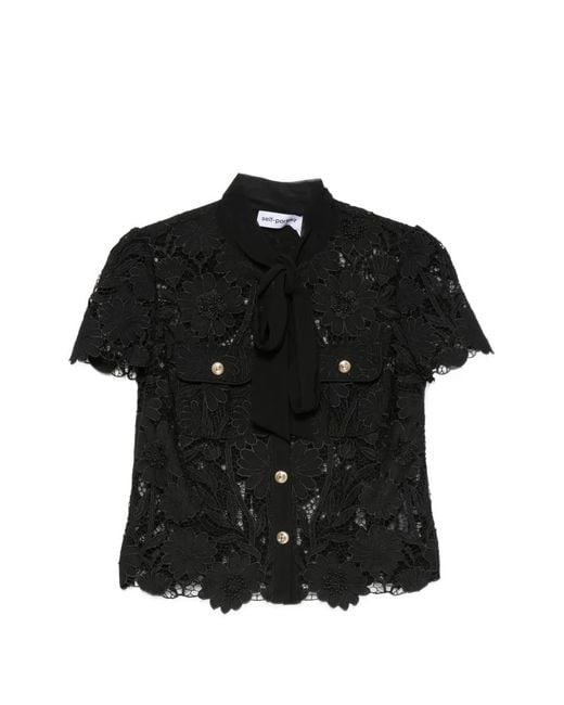 Self-Portrait Black Guipure-Lace Pussy-Bow Blouse