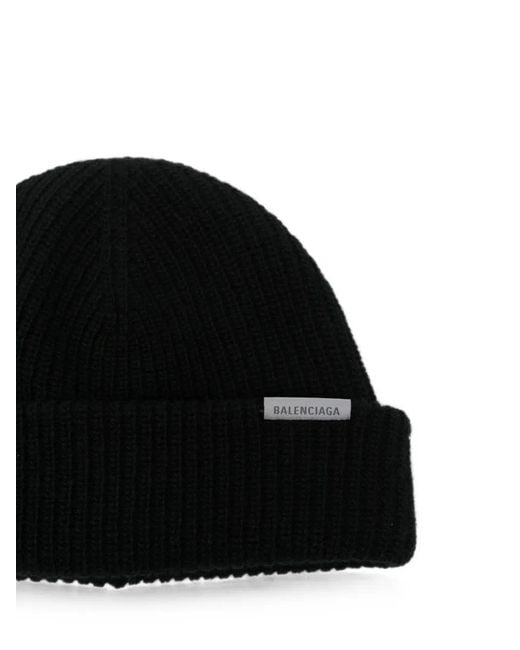 Balenciaga Black Logo-Patch Beanie Hat for men