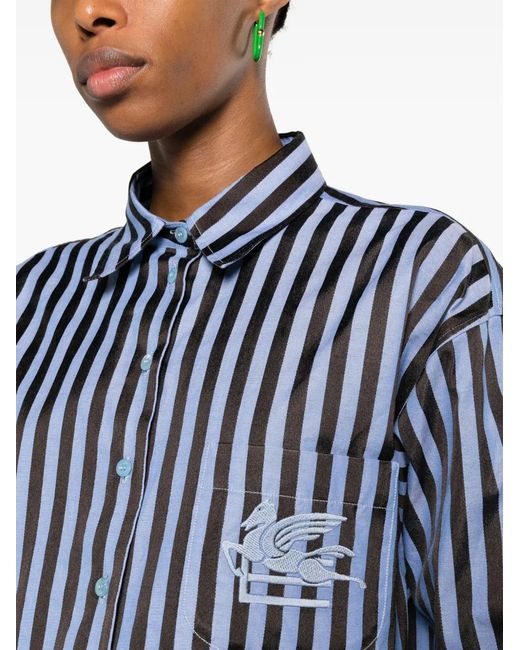 Etro Blue Pegaso-Embroidered Striped Shirt