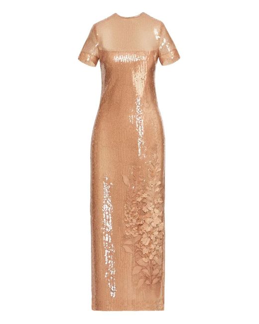Oscar de la Renta Natural Crow-Neck Maxi Dress