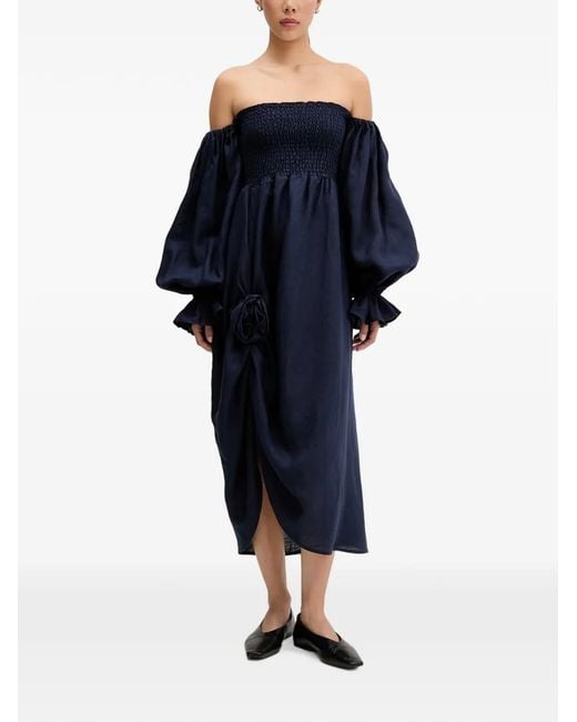 Sleeper Blue Off-Shoulder Smocked Midi Dress