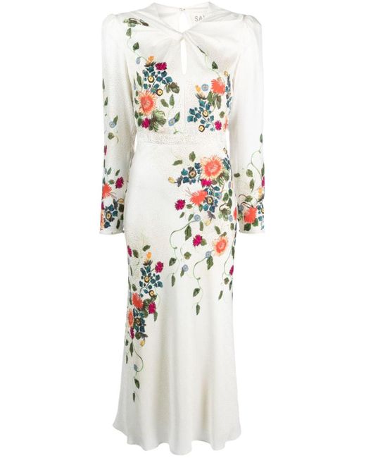 Robe Claudia en soie à fleurs Saloni en coloris White