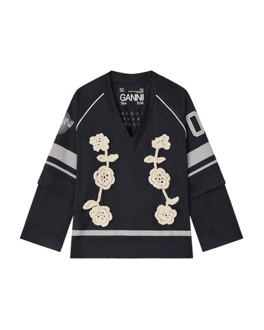 Ganni Blue Crocheted-Flower Jersey Top