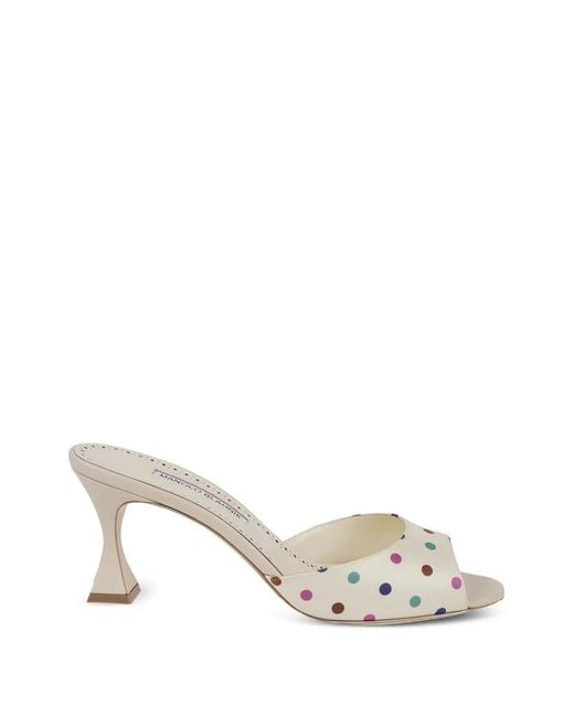 Manolo Blahnik White Jadaron Polka-Dot Silk Heeled Sandals