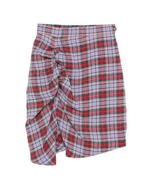 Vivienne Westwood Red Mini Side Panther Ruffled Tartan Skirt