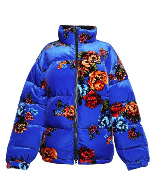 Vetements Blue Flower-print Velvet Puffer Jacket