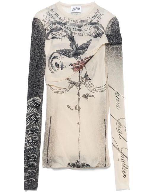 Jean Paul Gaultier White Mesh Top Double Layer Printed "Tattoo Rose & Bird"
