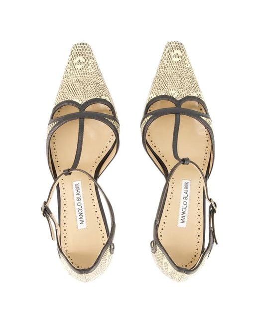 Manolo Blahnik Natural Gish Snakeskin-Effect Leather T-Bar Pumps