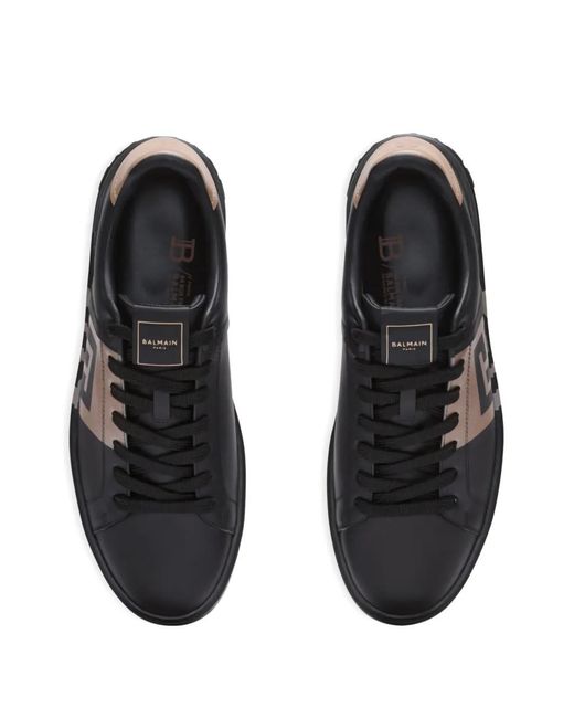 Balmain Black B-Court Logo-Detail Calfskin Sneakers for men