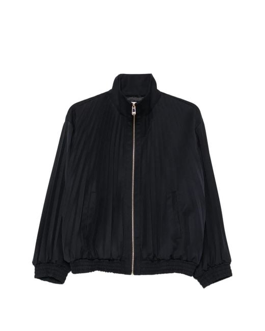 Sandro Black Plissé-Effect Zip-Up Bomber Jacket