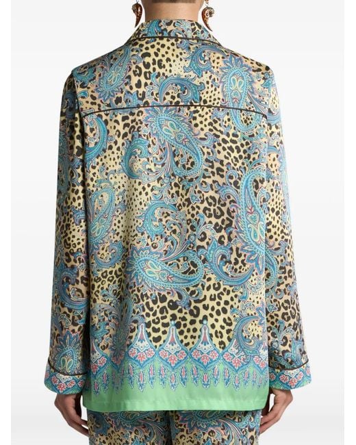 Etro Blue Twill Shirt With Placed Paisley And Animal Print