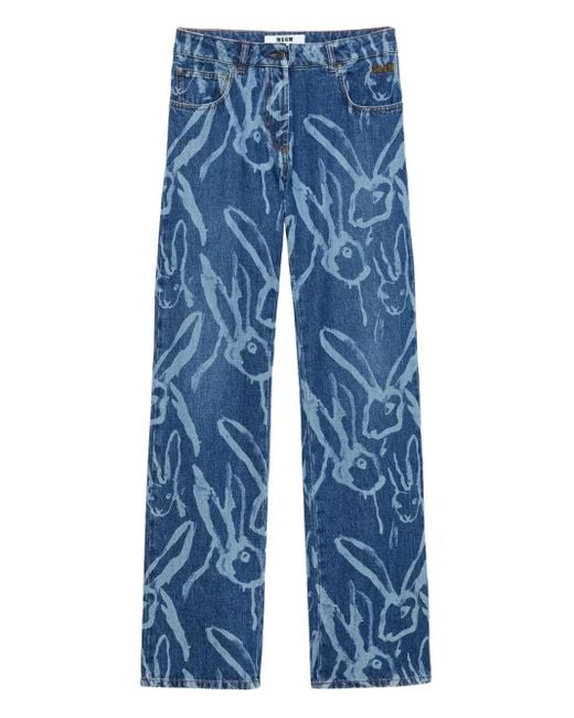 MSGM Blue Rabbit-Print Trousers
