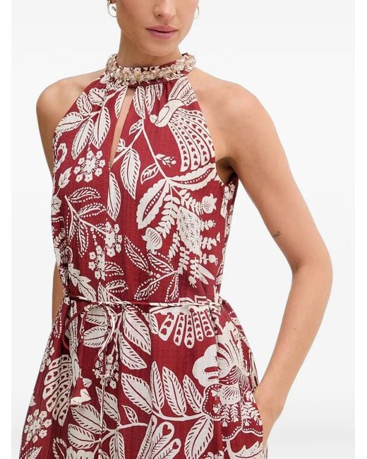 Ouí Red Beaded-Collar Floral-Print Maxi Dress