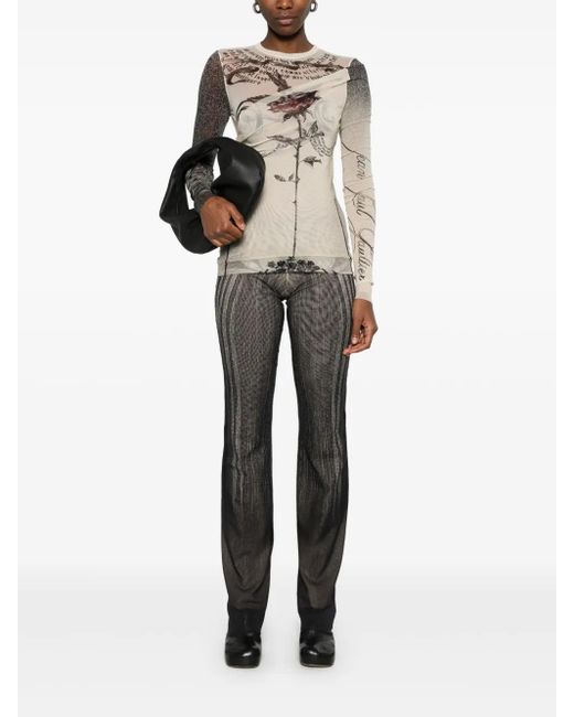 Jean Paul Gaultier White Mesh Top Double Layer Printed "Tattoo Rose & Bird"