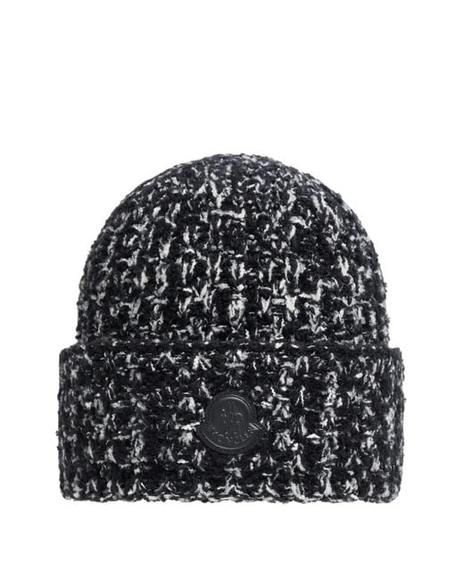 Moncler Gray Tweed-Beanie mit Logo-Patch